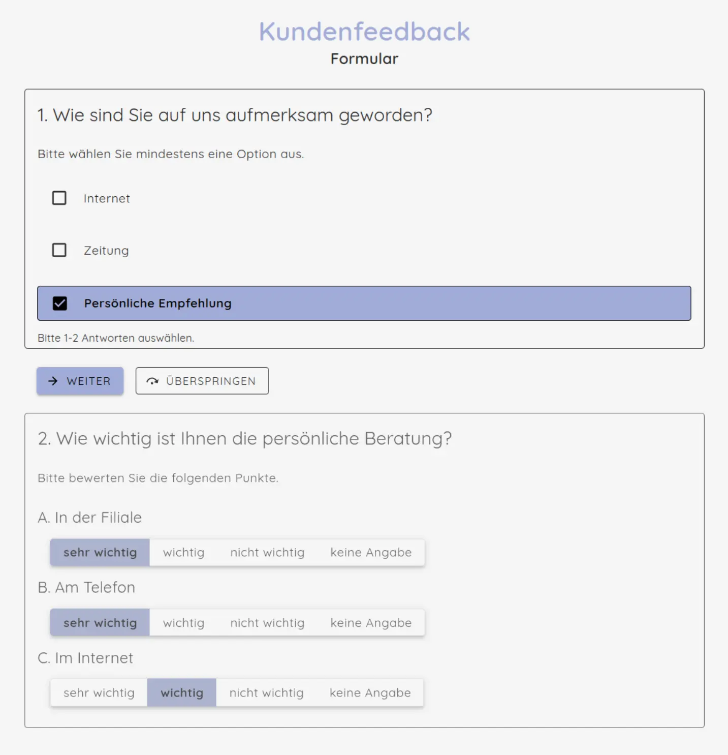 Screenshot des apokurs Formularsystems mit verschiedenen Feldtypen